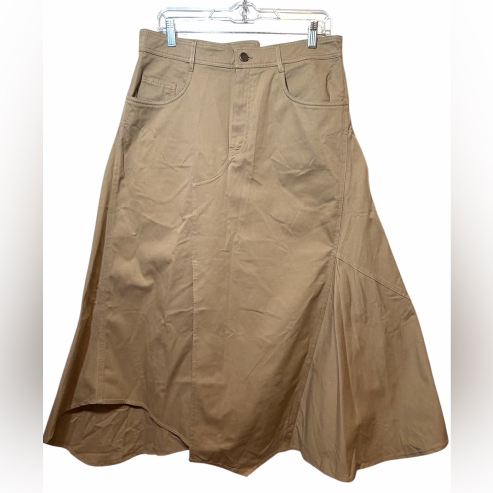 Zara NWT Asymmetrical Beige A- Line Midi Skirt with Front Slit Size L - Picture 3 of 12